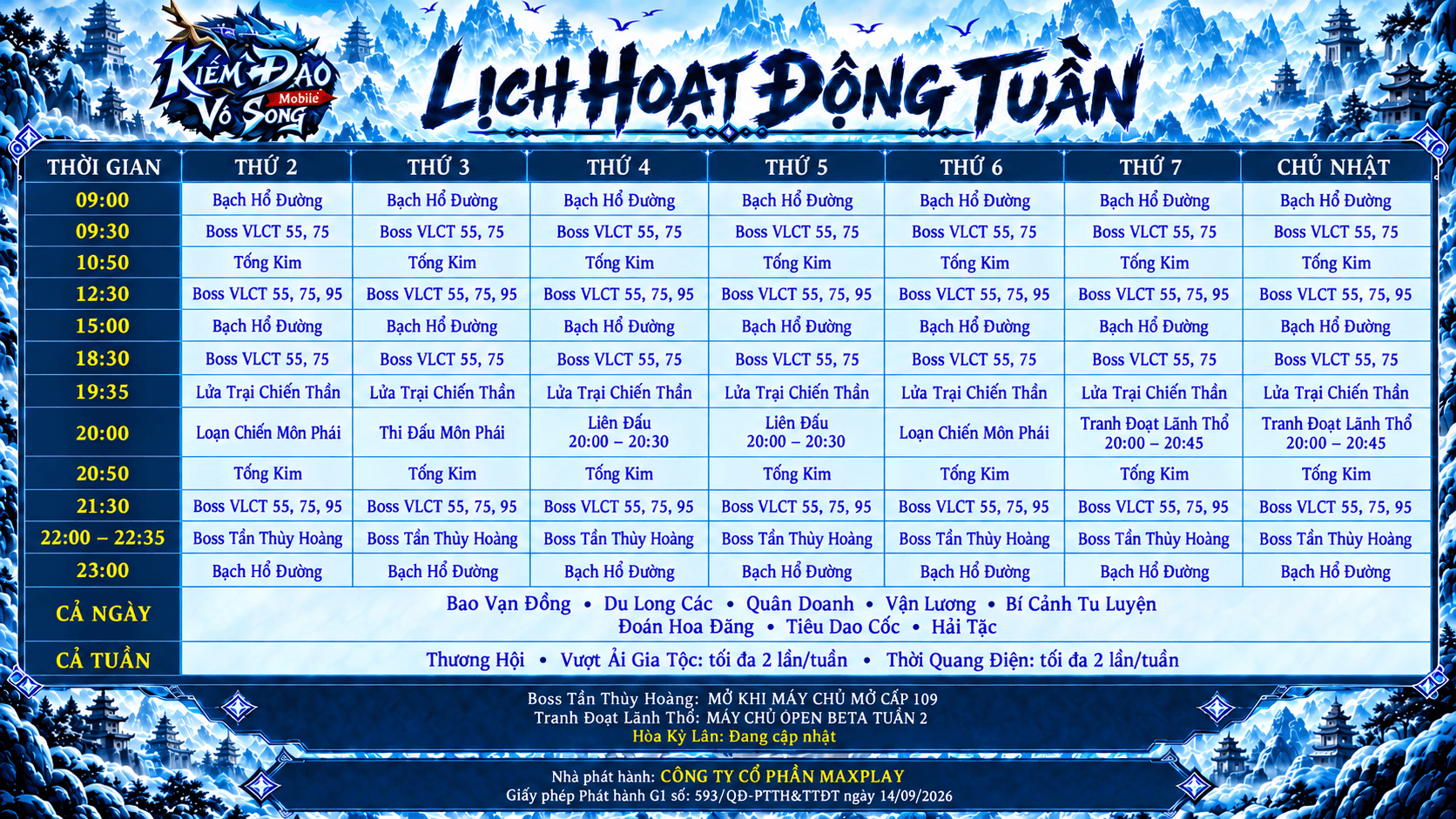 📅[TỔNG HỢP] THỜI GIAN HOẠT ĐỘNG TẠI GAME KIẾM ĐẠO VÔ SONG MOBILE
